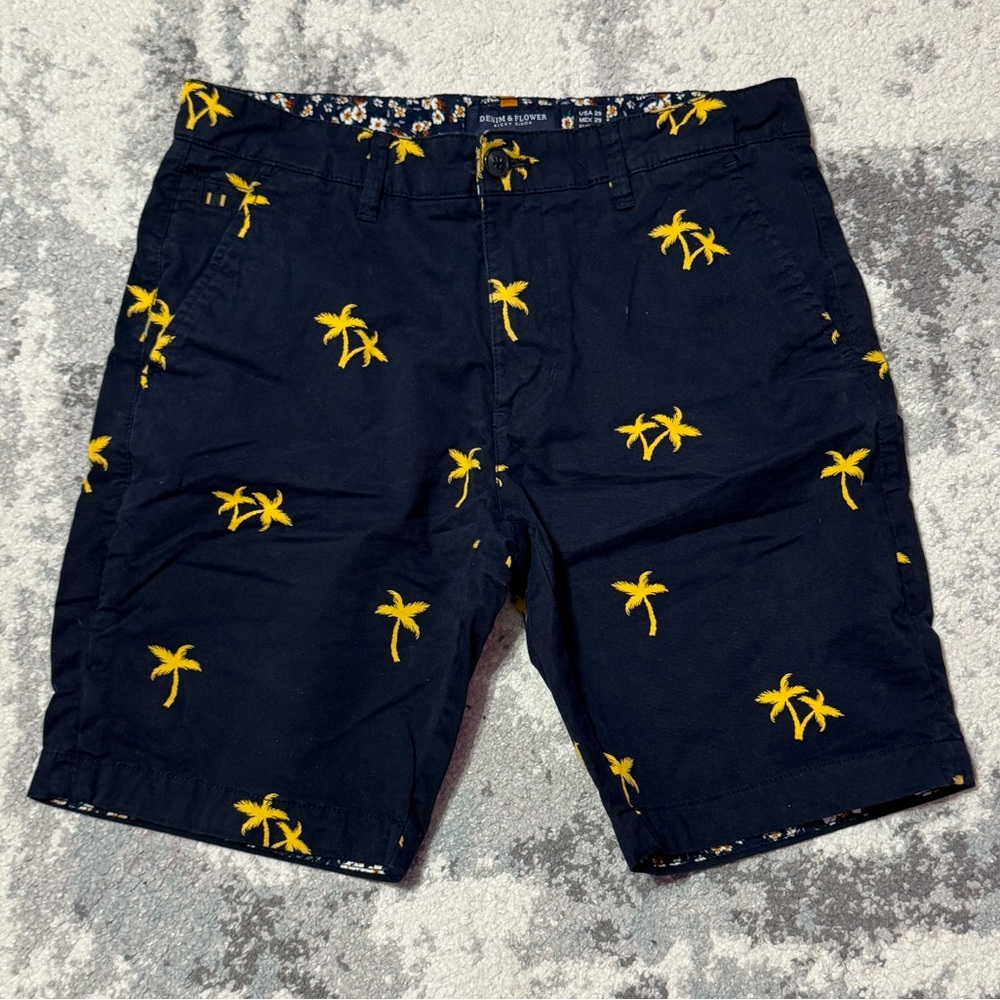 Denim & Flower Dark Blue Shorts with Yellow Palm Print